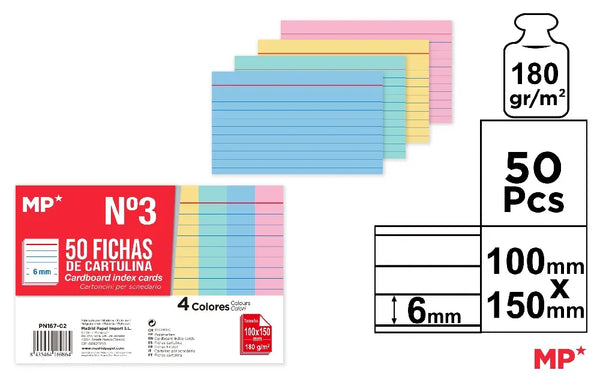כרטיסיות אינדקס מס' 3 צבעוני שורות 50 יח' בגודל 150*100